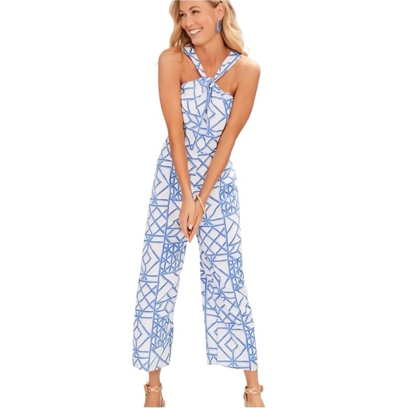 Vineyard Vines Bamboo Lattice Halter Jumpsuit Size 10 Blue White - Picture 2 of 16